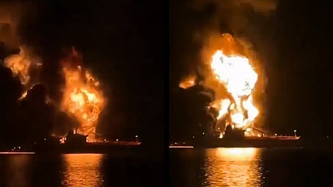 Tankers ablaze in the Port of Basra, Iraq, March 2026