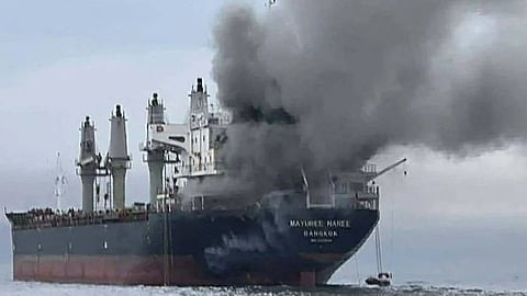 Thai bulk carrier Mayuree Naree on fire after being attacked by suspected Iranian projectiles