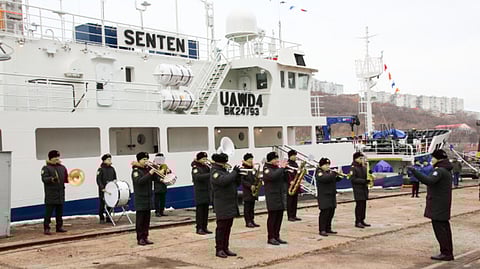 The Russian crab fishing vessel Senten being inaugurated into service in a ceremony in Vladivostok