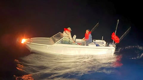 The boat with the overdue fishermen as photographed by the small boat crew from the fast response cutter USCGC Joseph Napier, March 15, 2026