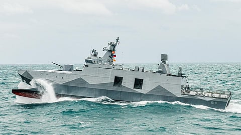A Tuo Chiang-class catamaran corvette of the Republic of China Navy during an exercise off Keelung, January 26, 2022