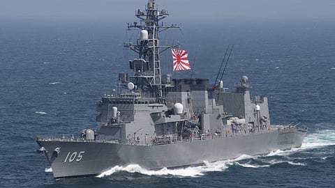 The Japan Maritime Self-Defence Force destroyer JS Inazuma sails in formation during a US-Japan bilateral exercise in the Sea of Japan, April 2022.