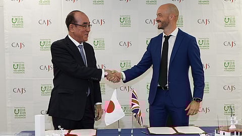 Hiroyuki Nishida, Managing Director of the Cooperative Association of Japan Shipbuilders, and Andy Page, Managing Director of Chartwell Marine, at the MOU signing ceremony in Tokyo, March 16, 2026