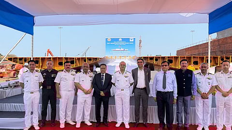 Keel-laying ceremony of the Indian Coast Guard's two new 117-metre offshore patrol vessels at Mazagon Dock Shipbuilder's Mumbai facilities, March 17, 2026