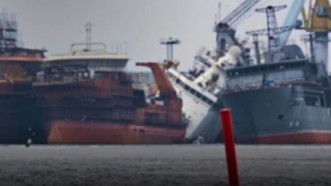 Photograph said to be that of the Russian icebreaking patrol ship Purga listing heavily after being struck by a Ukrainian drone