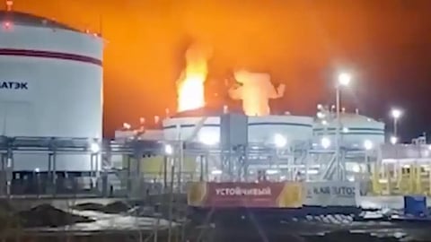 Fire at an oil terminal in the Port of Ust-Luga after a Ukrainian drone attack