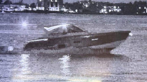 Screenshot of thermal camera footage showing the unidentified boat that had struck the dinghy carrying Florida businessman Davide Veglia and his son in Biscayne Bay off Miami on the night of March 25, 2026. Veglia later died as a result of injuries suffered in the incident.
