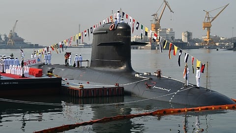 INS Karanj, India's third Kalvari-class submarine, during its commissioning ceremony on March 10, 2021