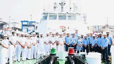 Delivery ceremony of ICGS Achal, the Indian Coast Guard's fifth Adamya-class fast patrol vessel, March 31, 2026
