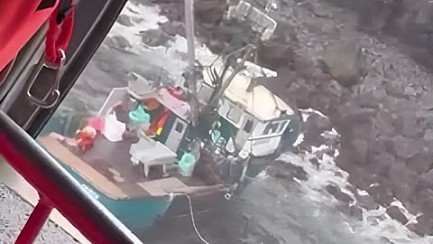 The fishing vessel Ocean Bay grounded off the shoreline of Umnak Island, Alaska on April 2, 2026.