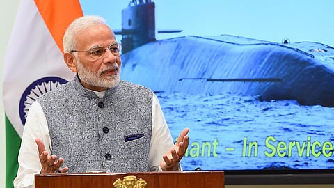 Indian Prime Minister Narendra Modi with a photograph of the Indian Navy ballistic missile submarine INS Arihant on a screen in the background, November 5, 2018. Confirmed official photographs of any of India’s locally built Arihant-class submarines are scarce. (Photo: Office of Indian Prime Minister Narendra Modi)