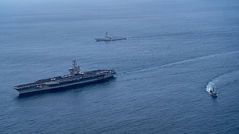 The Ecuadorian Navy missile corvettes BAE Manabi and BAE Loja conduct formation manoeuvring alongside the US Navy aircraft carrier USS Nimitz and the guided-missile destroyer USS Gridley in the Pacific Ocean, April 8, 2026. Nimitz and Gridley are deployed as part of Exercise Southern Seas 2026.
