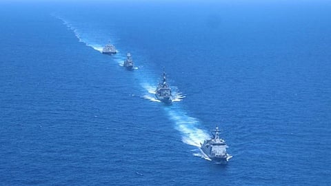 Naval vessels from the Philippines, the US, Australia, and Japan participate in a Multilateral Maritime Cooperative Activity in the Philippines' EEZ waters in the South China Sea, April 7, 2024.