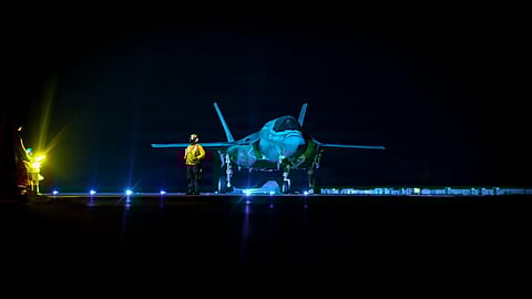 An F-35B aboard USS Tripoli operates in the Arabian Sea as the ship and its crew enforce a blockade on vessels entering and leaving Iranian ports.