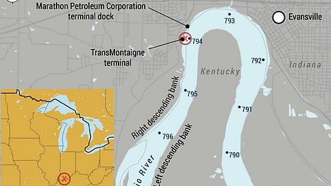 Area where the barges MPC 644 and MPC 907 contacted the mooring cells, as
indicated by a circled X.