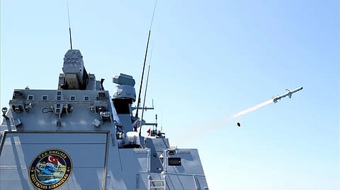Atmaca anti-ship missile being fired from the Turkish Navy Ada-class corvette TCG Kinalaida