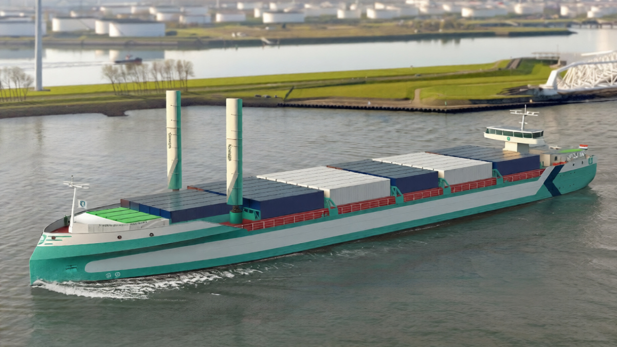Rendering of a sea-river vessel fitted with energy containers