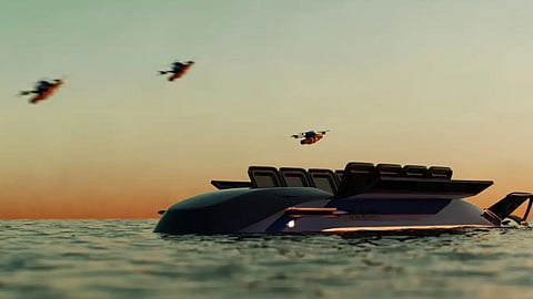 Computer-generated image of a Sinarit UUV launching one-way attack drones