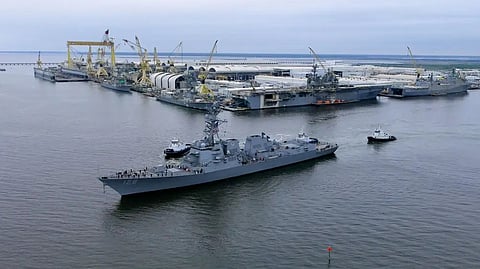 The US Navy Arleigh Burke-class guided-missile destroyer USS Ted Stevens departs Ingalls Shipbuilding's facilities in Pascagoula, Mississippi, for her new homeport of Norfolk, Virginia, May 8, 2026.