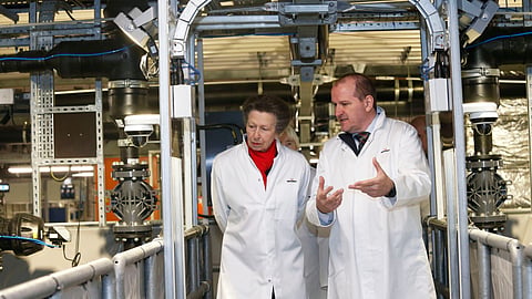 The Princess Royal and Bakkafrost Scotland Managing Director Iain Lister during a tour of Bakkafrost's new recirculating aquaculture system facility in Applecross, May 13, 2026