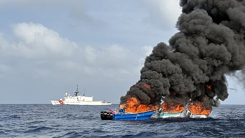 USCGC Tahoma’s crew, alongside a deployed Coast Guard Helicopter Interdiction Tactical Squadron aircrew, stopped three suspected smuggling vessels carrying narcotics during a maritime patrol approximately 90 miles off Cartagena, Colombia.