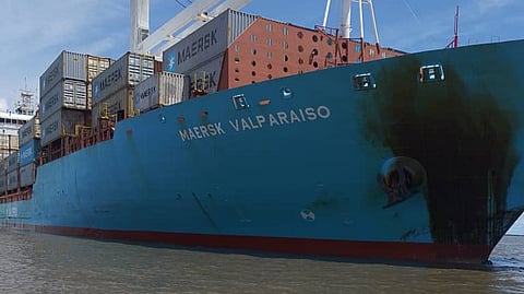 The container vessel Maersk Valparaiso shortly after the collision with the oil products tanker Lady Martina in Nigeria's Bonny Inner Anchorage, May 20, 2026