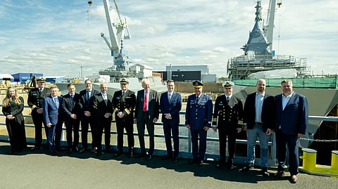 Representatives of the Finnish Navy and Rauma Marine Constructions at the launching ceremony for the second Pohjanmaa-class corvette
