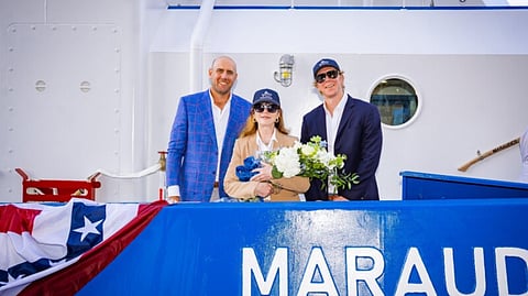 Naming and delivery ceremony of Marauder, a new tug acquired by Maritime Partners from Master Boat Builders, May 20, 2026. L-R: Garrett Rice, President of Master Boat Builders; Alison Parker Carmel, ship's sponsor; and Bick Brooks, CEO of Maritime Partners