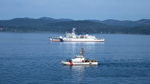 US Coast Guard Cutter Osprey (WPB-87307) and Japan Coast Guard ship Itsukushima transit the Strait of Juan de Fuca during a joint search and rescue exercise, May 21, 2026.