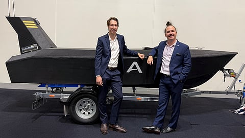 Hyperion Systems CEO and founder Joshua Wigley (left) and Greenroom Robotics COO and co-founder Harry Hubbert with a USV