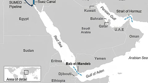 Map showing both the Strait of Hormuz and the Bab el-Mandeb Strait