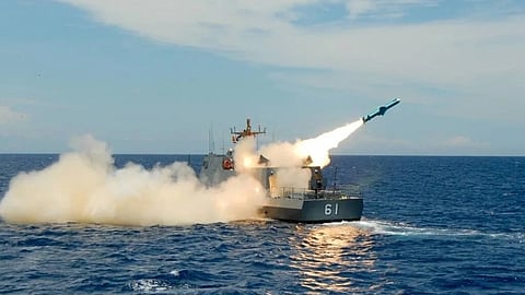 A Hsiung Feng II missile fired from a Taiwanese Kuang Hua VI class missile boat