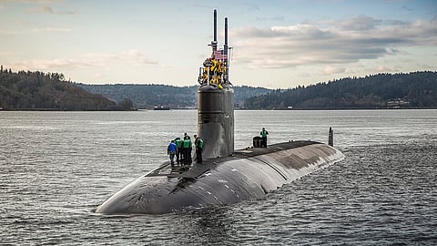 The US Navy Seawolf-class nuclear-powered fast-attack submarine USS Connecticut departs Puget Sound Naval Shipyard in Washington for sea trials following maintenance, December 13, 2016.