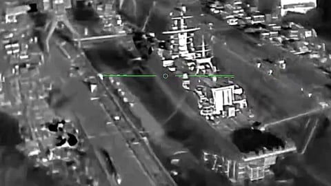 Screenshot of video footage of the supposed Ukrainian drone attack against the Russian Navy Steregushchiy-class corvette Boiky at a shipyard just outside Saint Petersburg, June 3, 2026