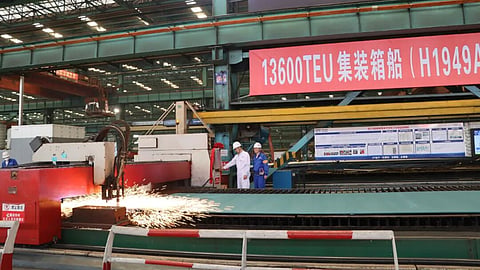 Steel-cutting ceremony for COSCO Shipping Container Lines' third 13,600TEU vessel at Hudong-Zhonghua Shipbuilding, June 5, 2026