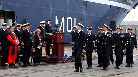 Commissioning ceremony of the Royal Navy mine countermeasures vessel HMS Stirling Castle at the Port of Grangemouth in Scotland, June 12, 2026