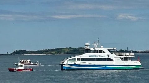 The Massachusetts Bay Transportation Authority ferry Champion shortly after a fire broke out in her machinery space while she was underway, June 15, 2026
