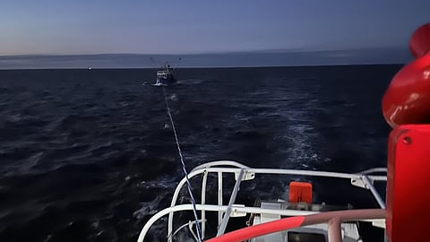 The refloated fishing vessel Zenit being towed to the Port of Hooksiel in Germany, June 23, 2026