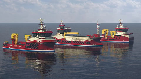 Renderings of Inverlussa Marine Services' new service vessels and feed barge scheduled to be delivered in 2027