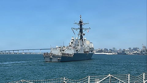 The US Navy Arleigh Burke-class guided-missile destroyer USS Chung-Hoon departs Naval Base San Diego for sea trials after completing her depot modernisation period as part of a program that focuses on vital mid-life capability enhancements.