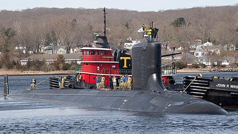 The US Navy nuclear-powered fast attack submarine USS Virginia arrives at Naval Submarine Base New London in Groton, Connecticut, following a change of homeport from Portsmouth Naval Shipyard in Kittery, Maine, April 12, 2023.