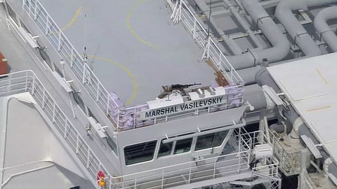Photos provided by Estonia show a machine gun mounted on a Russian-flagged LNG carrier