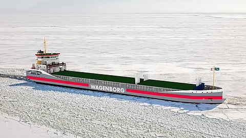 Rendering of a 7,400DWT multi-purpose cargo vessel