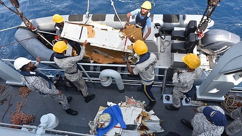Pakistan Navy crews recover some of the wreckage of the K2 Airways 737 cargo aircraft that had crashed in the Arabian Sea more than 50 nautical miles off the coast of Balochistan province on July 7, 2026.