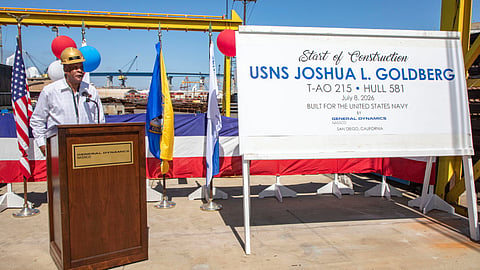 Ceremony marking the start of construction of the US Navy John Lewis-replenishment oiler USNS Joshua L. Goldberg at General Dynamics NASSCO's San Diego shipyard, July 8, 2026