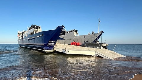 The stern landing vessel Matilda 1 with her stern ramp lowered during beach landing trials at Dundee Beach, Northern Territory, July 8, 2026
