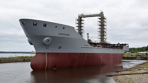 The future Russian Navy fleet support tanker Alexey Shein following her launch at Nevsky Shipyard, July 14, 2026
