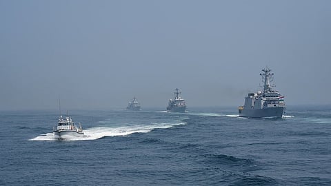 Indian Navy ships conducting exercises as part of the International Fleet Review in February 2026