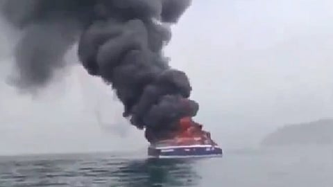 Excerpt of video showing an alleged Iranian ship on fire after Ukrainian attack in Caspian Sea
