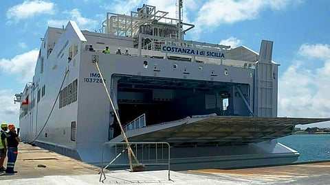 The Ro-Pax ferry Costanza I di Sicilia with her stern ramp door lowered